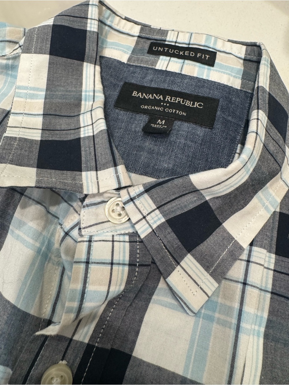 Banana Republic Blue Plaid Organic Cotton Untucked Fit Shirt Sz M